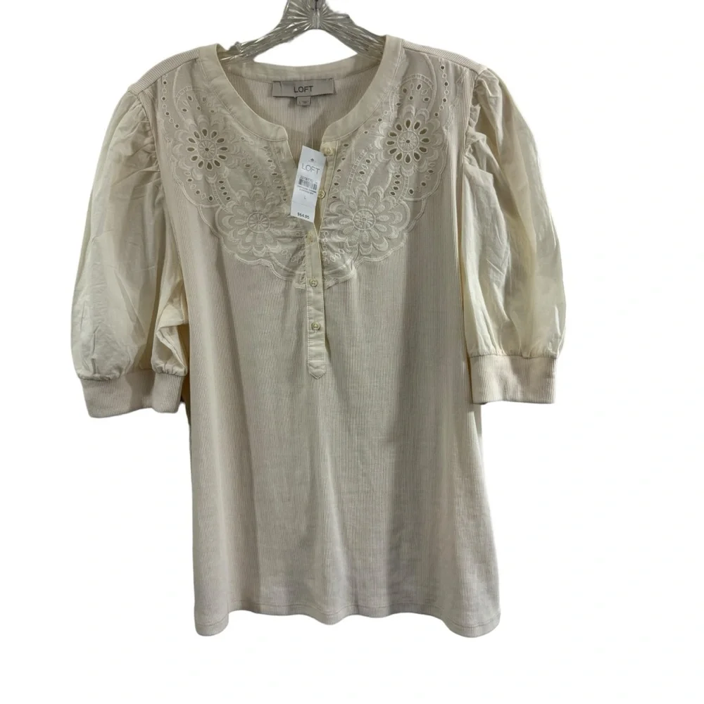 Loft Eyelet Yoke Mixed Media Top in Ecru Ivory Cream Size L Large #596116